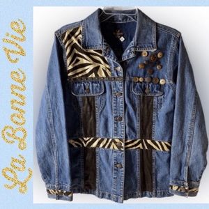 Vintage Wash Embellished Jean Jacket Jewel Button Suede Animal Print La Bonn Vie